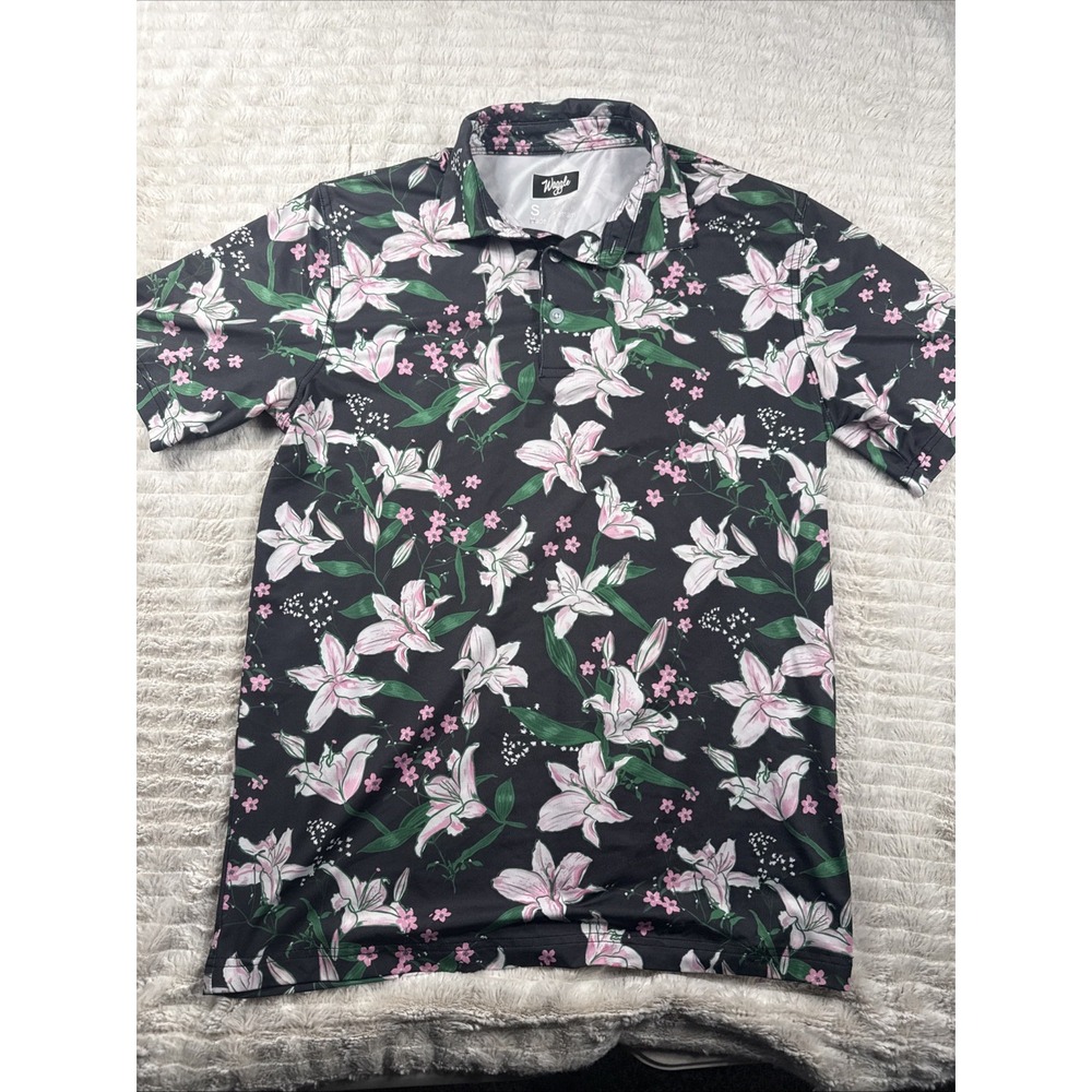 Waggle Golf Polo Shirt Men Small Black Floral White Lily Azalea Performance EUC